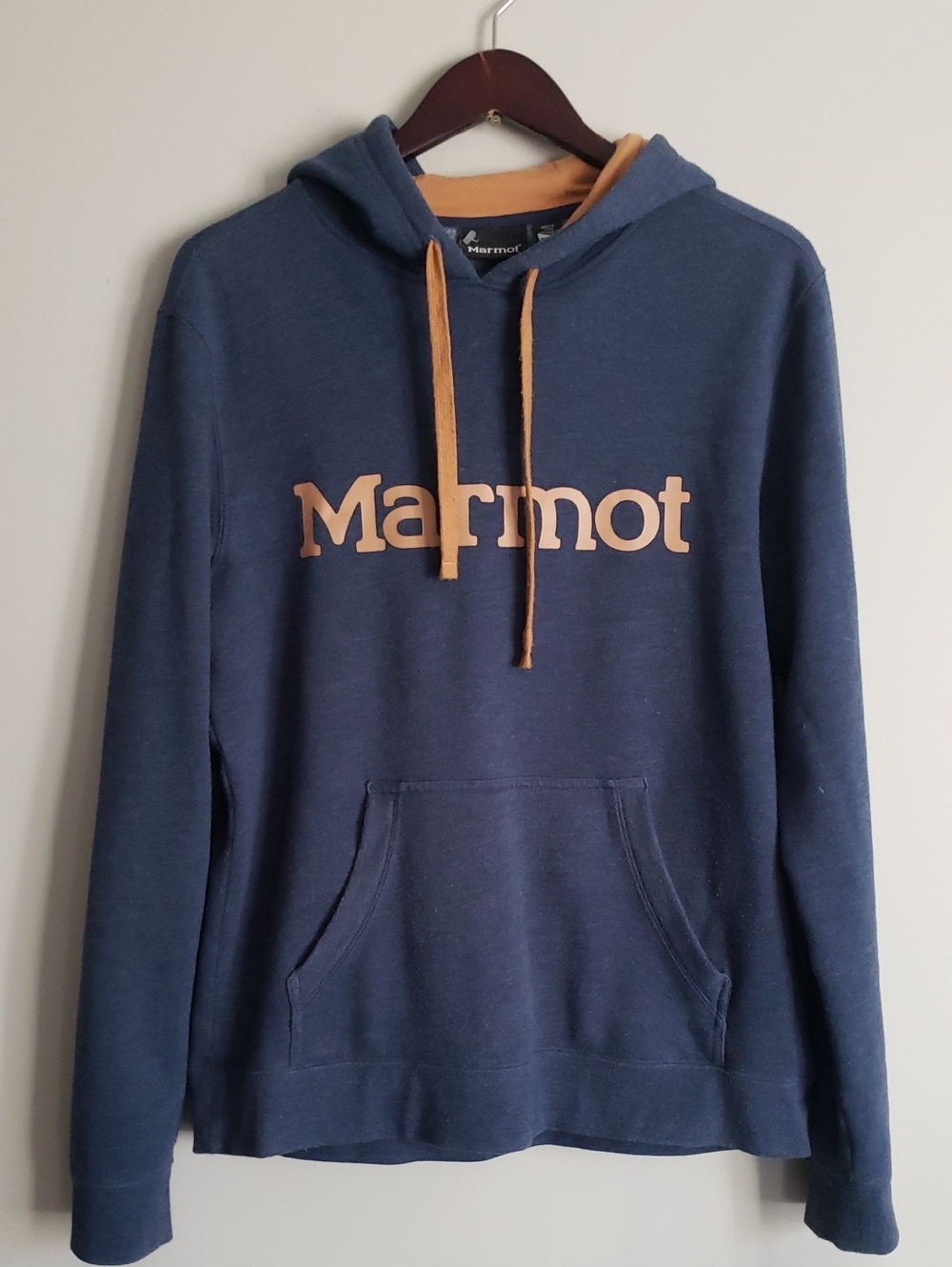Marmot Navy Pullover Hoodie with Gold Accents